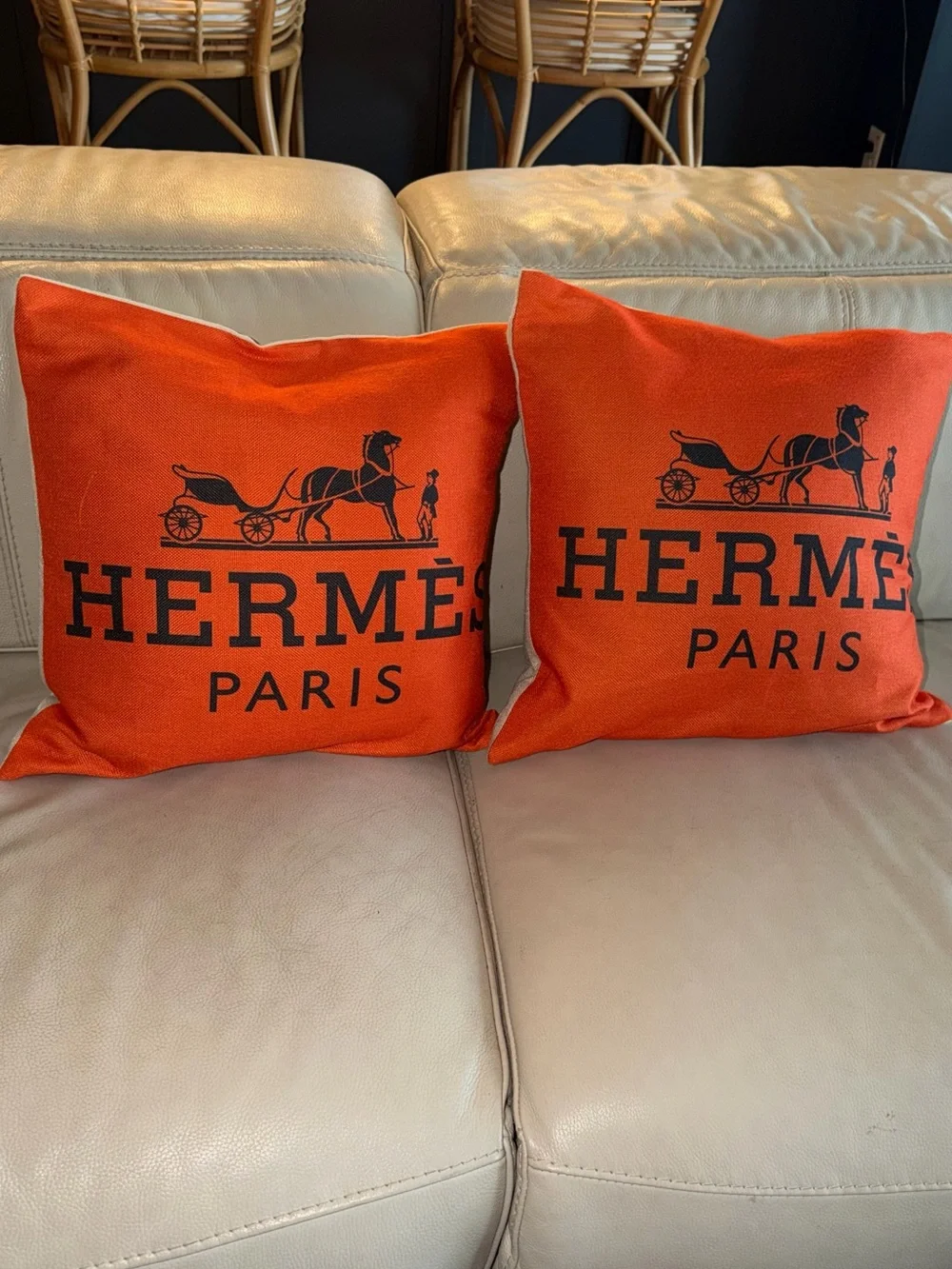 Hermès Paris Orange Logo Throw Pillow Pair